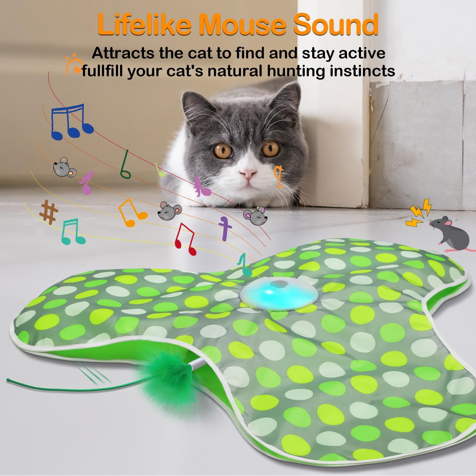umosis Interactive Cat Toys Rechargeable,Moving Concealed Feathers,Real Mouse Squeaky,Touch Activated Cat Kitten Toy Cat Exercise Toys for Indoor Bore