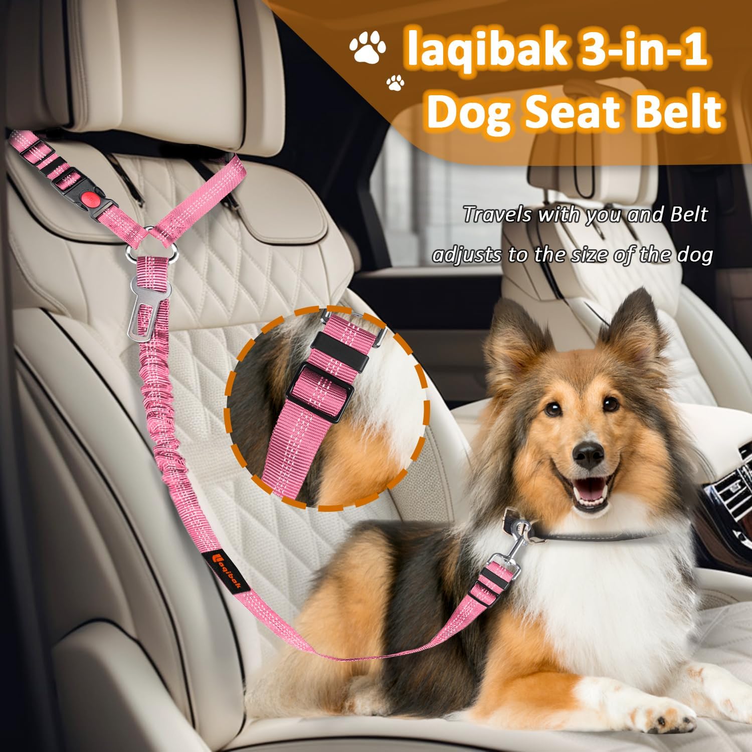 Removable Seat Belts Harness for Car, 3 in 1 Pet Car Leash, laqibak Restraint Secures to Headrest Reflective Effect Adjustable Bungee Dog Seatbelt 2PC