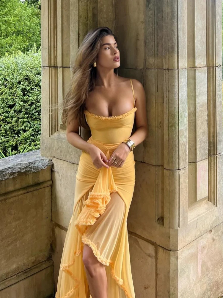 Women Elegant Irregular Ruffles Hem Pleated Sling Maxi Dress Sexy Sleeveless Backless Slim Robes Lady Evening Party Dresses w241126