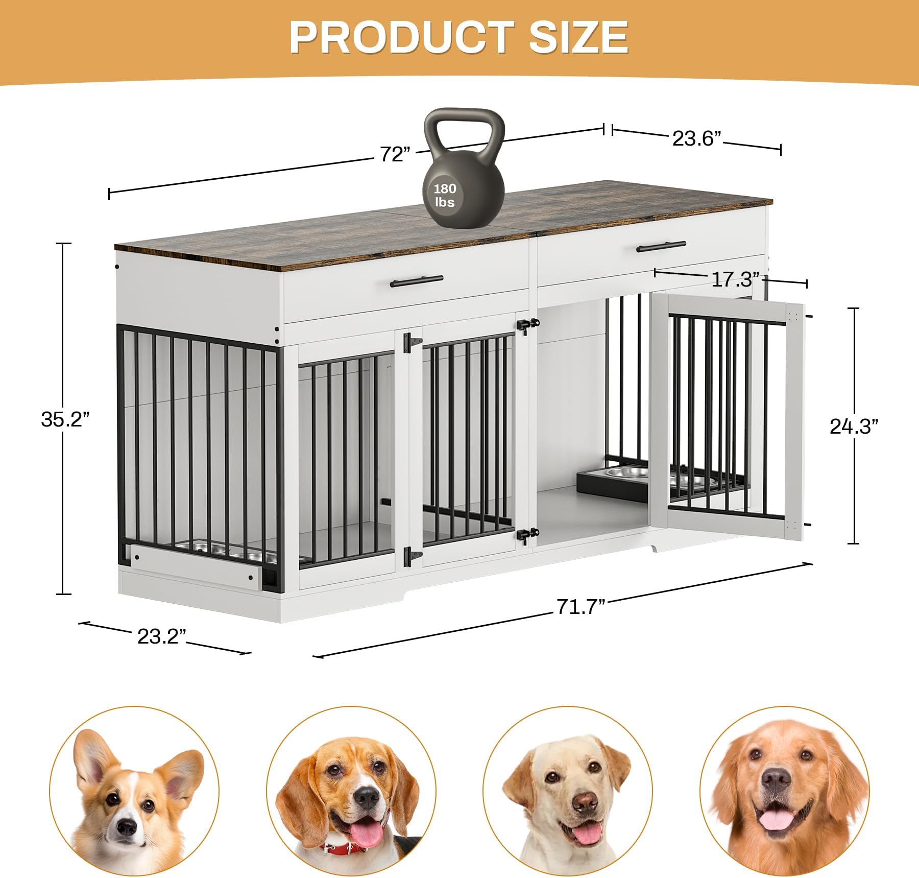 OUYESSIR Dog Crate Furniture, 72.05 Inch Wooden Large Dog Kennel with 2 Drawers & Dog Bowls, Dog House with Double Doorss & Divider, Heavy Dut