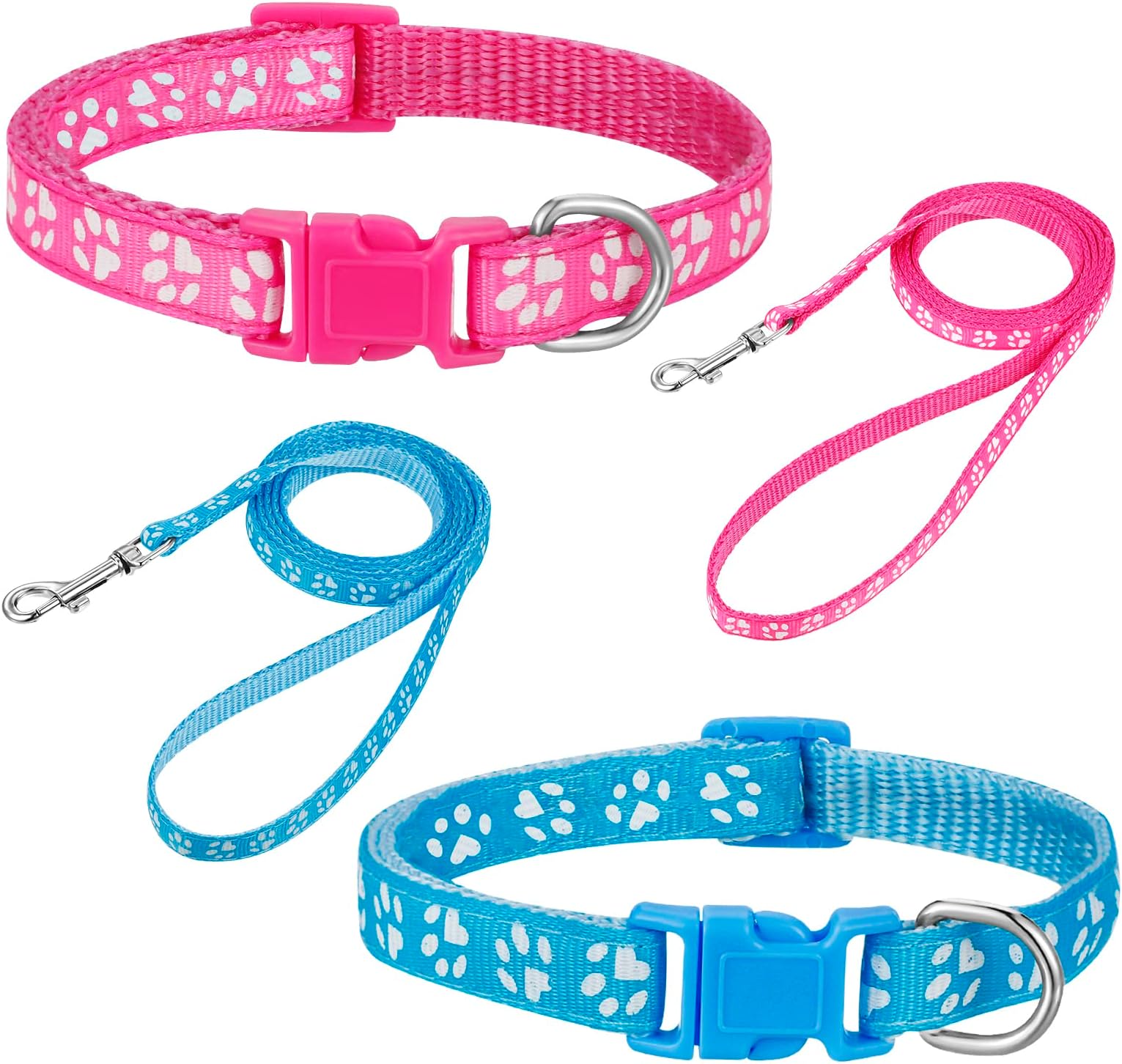 BOUSOE 2 Packs Dog Leash Set, and Lead Set Quick Release Buckle Adjustable Paw Print Soft Nylon Pet Collar for Puppy Small Dogs
