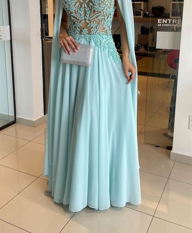 Illusion Lace Long Prom Dresses Chiffon Cape Sleeves Floor Length Beach Special Occasion Dress Jewel Neck Sexy Evening Gown For Women 2025