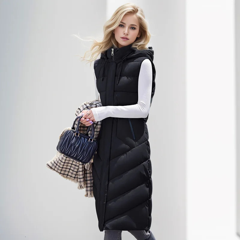 2024 Fashion Winter Long Vest Woman Outerwears Hooded Elegant Thick Warm Jackets Coat Female Sleeveless Down Cotton Parka 241121