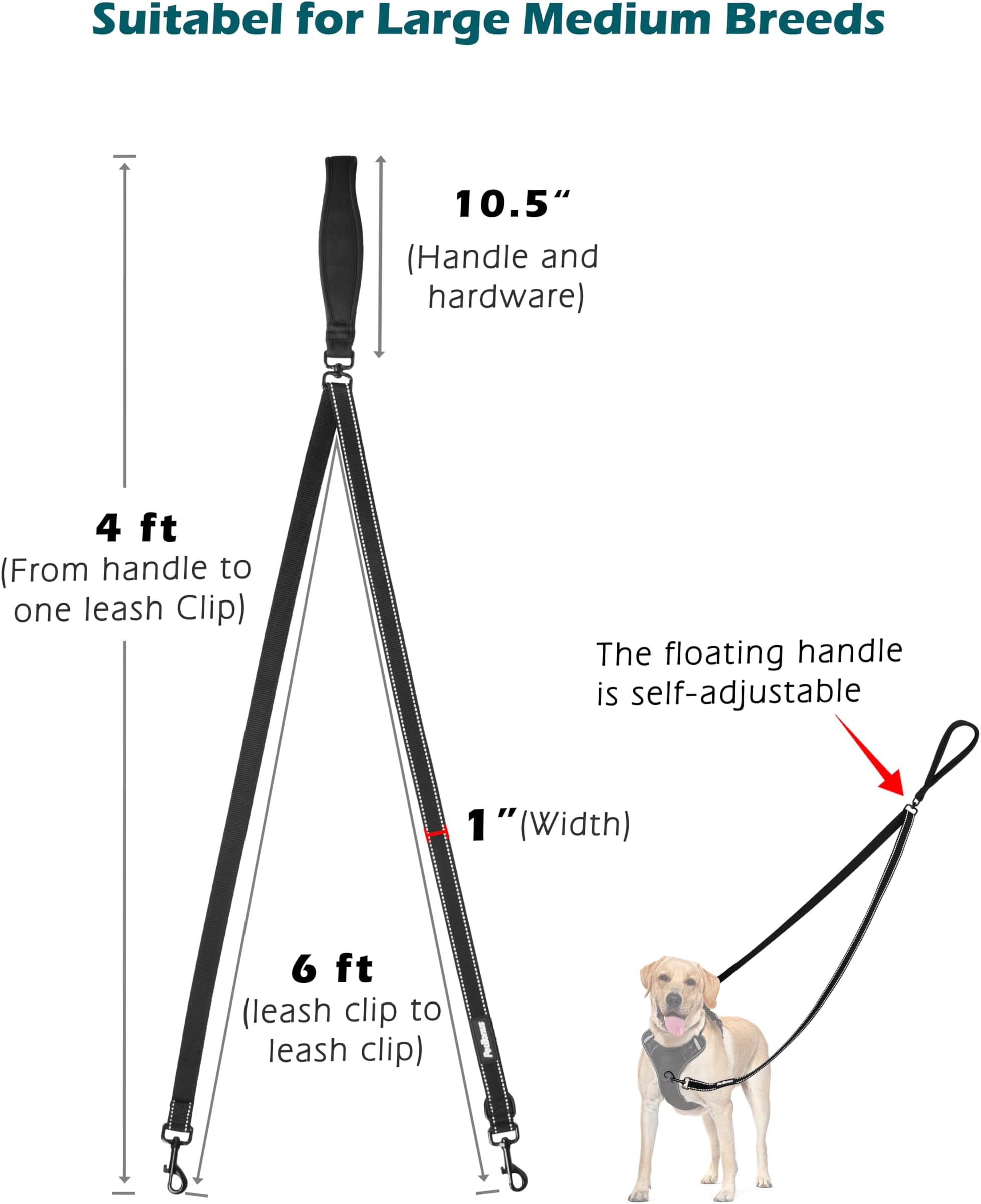 PetBonus Two Point Control Leash, Works with Harnesses, Tangle Dog Training Leashes, No Pull Padded and Reflective Walking Lead, Converts to Single Le