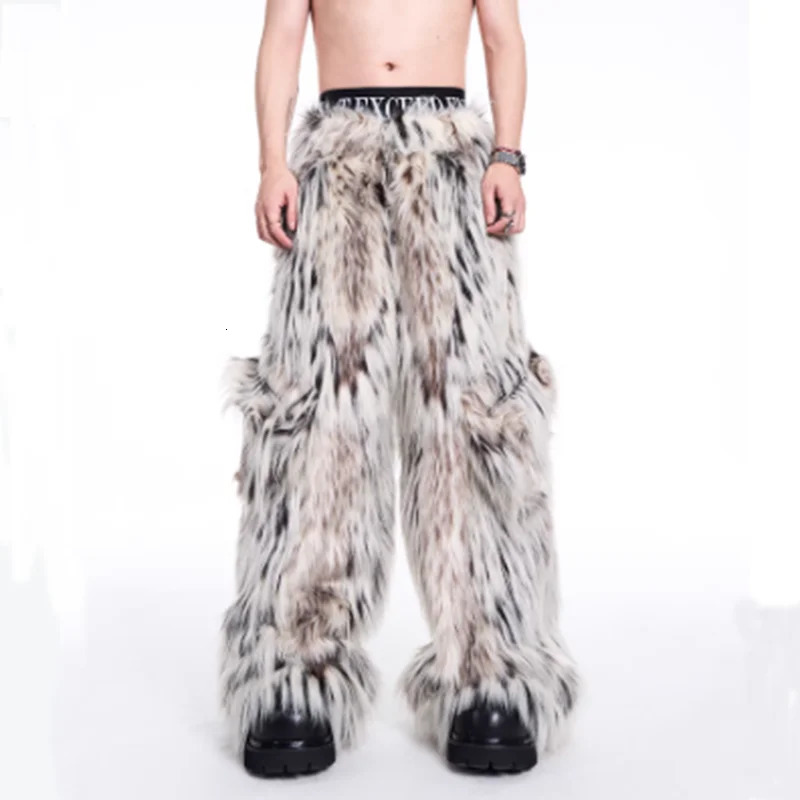 FEWQ Winter Mens Twopiece Long Fur Leopard Print Coat Big Pockets Dedign Trousers Casual Male Sets 24E5006 241112