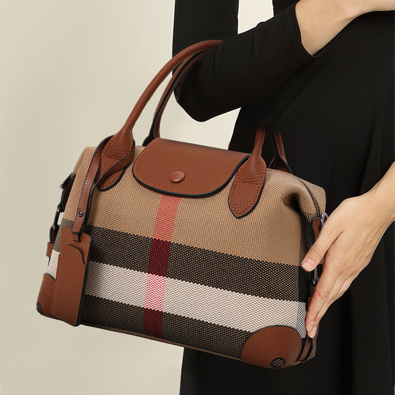 New Aidran exquisite women's Boston canvas and leather bag retro checkered handbag designer's daily commuting novelty