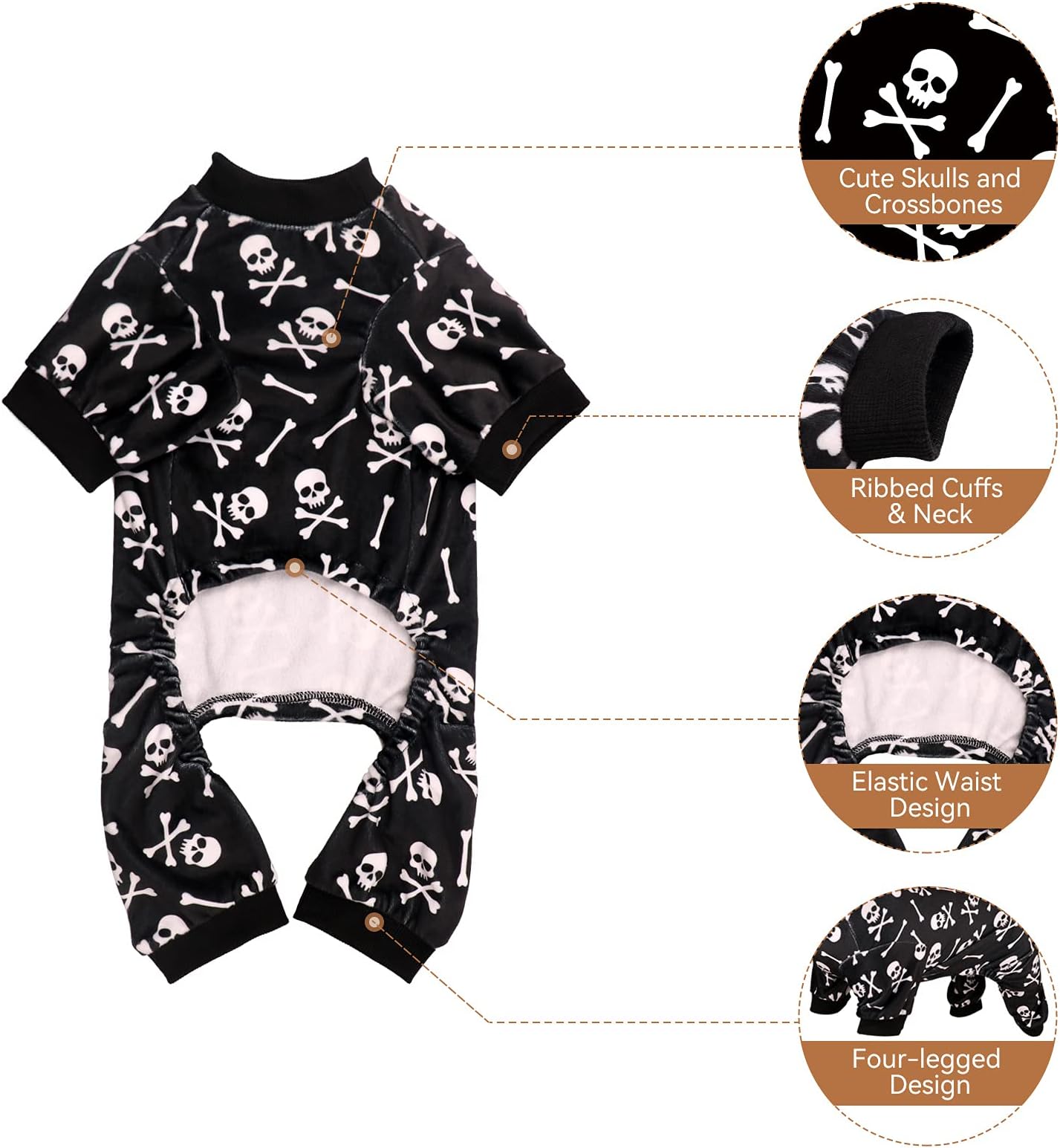 Pamas Halloween Onesie Short Plush Pjs Skull&Crossbones Super Soft and Stretchy Dog Jammies for Large Dogs (L) Black