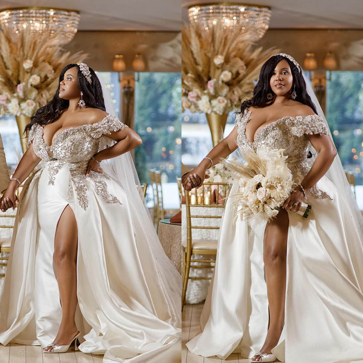 Pius Size Crystal Mermaid Wedding Dresses Sexy High Split Off Shoulder Bridal Gowns Custom Made Beading Robe De Mariage Bride Dress