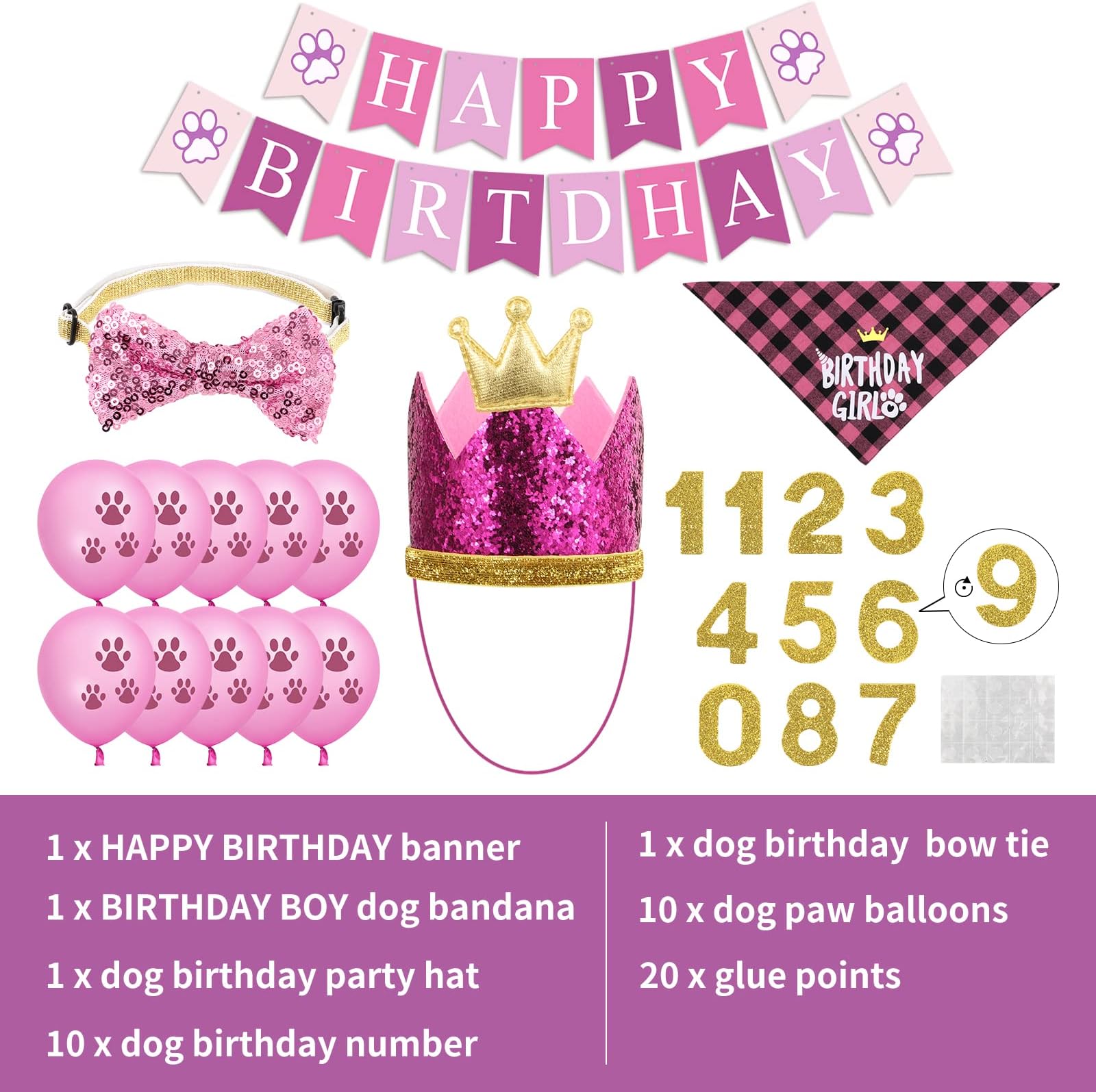 Selemoy Supplies, Hat Bandana Scarf with Cute Dog Bow Tie, Flag, Balloons for Small Medium Dogs Pets, Doggie Birthday Party Supplies Decorations