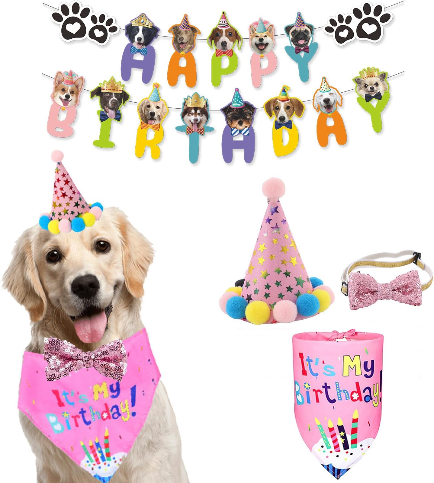 Agirct Dog Boy Party Supplies,Birthday Hat,Bow Tie, Bandana, Banner,Puppy Pet Theme Birthday Decorations Suit for Golden Doodle Teddy Husky Labrador(4