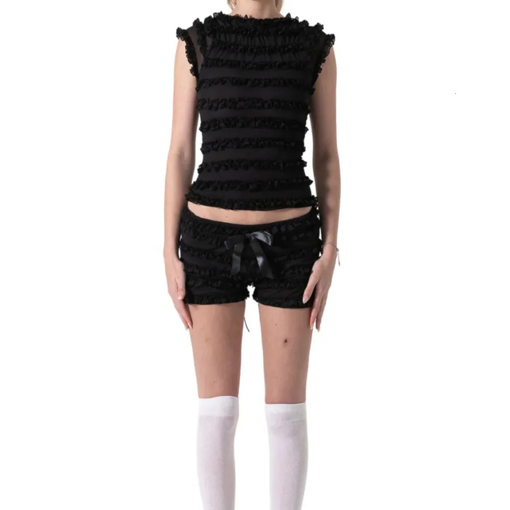 Sweet Spice Girl Wooden Ear Side Hollow Out Strappy Camisole Tank Top Women Summer Lace Pom Shorts 2 Piece 240423