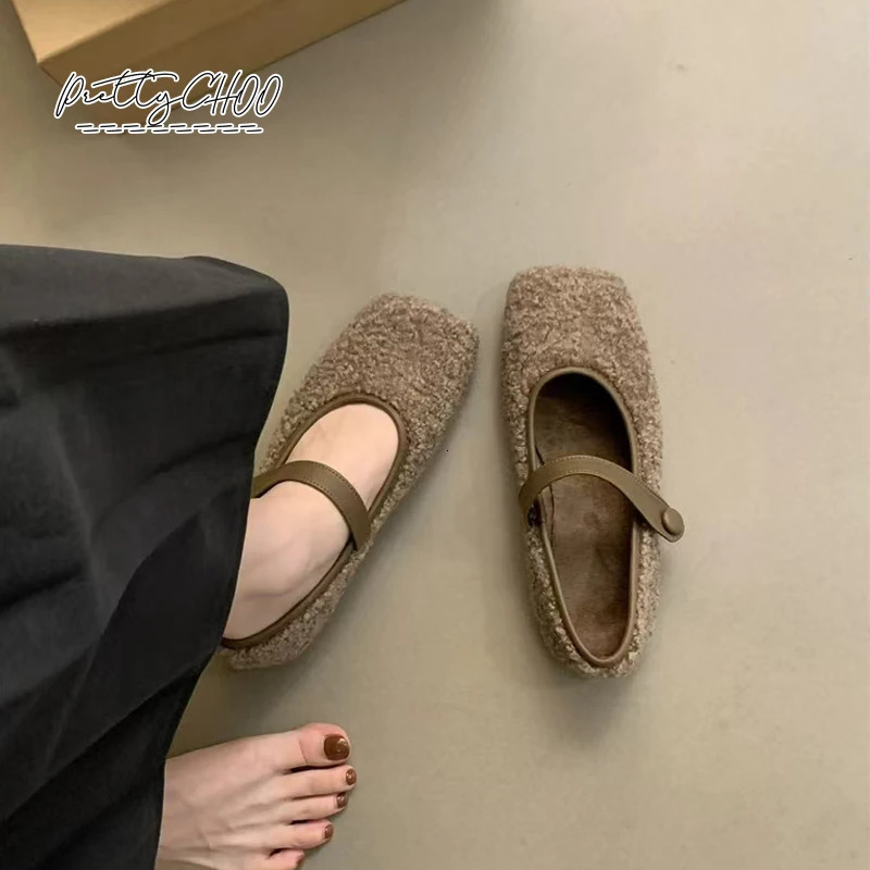 Square Toe Cosy Lambswool Ballet Flats Woman Warm Teddy Fur Mary Jane Shoes Ladies Elegant Fluffy Plush Loafers 241127