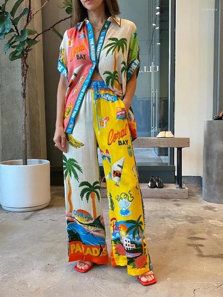 Women's Jackets Casual Print Shirt Pants Set Women Loose Single Breasted Top High Waist Wide Leg Pant Two Piece Suit 2024 Summer Lady Suits