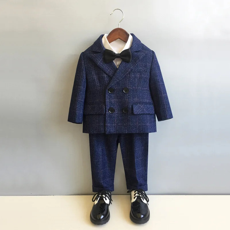 Child Formal British Plaid Dress Suits Set Spring And Autumn Boys Birthday Party Wedding Piano Show Costume Kids Blazer Pants 241126