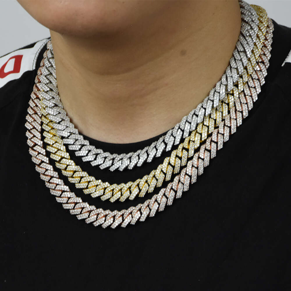 Moissanite Diamond Cuban Link Chain Gold Over Sterling Silver Men Women in White Yellow and Rose Gold Gift Box Necklaces Hiphop