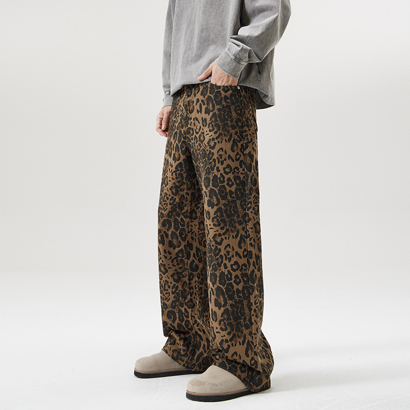 Fashion Autumn Winter Pants Men Loose Harlan Straight Wide-leg Trousers Leopard Print Casual Pants Young Men's Bottoms Brown XXXL
