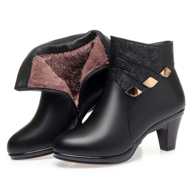 Winter 2025 New Genuine Leather Dress Women Fashion Mid-heel Wool Warm Women's Ankle Boots size EU35-40