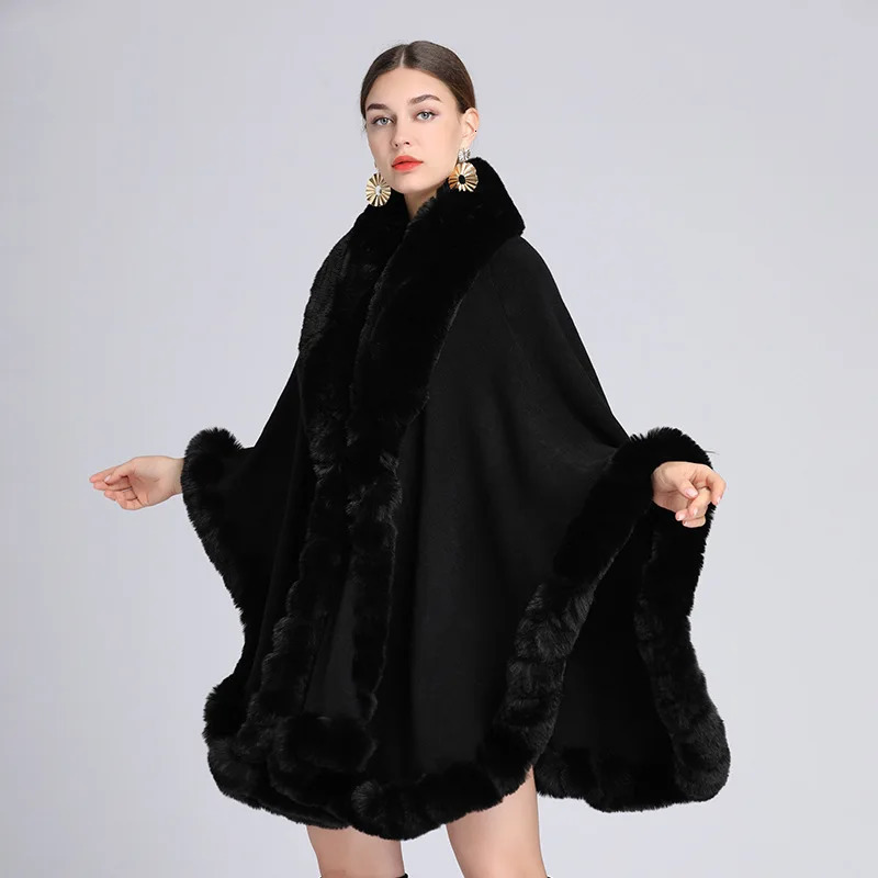 Europe America Otter Rabbit Fur Collar Hooded Cashmere Loose Ponchos Women Capes Khaki Cloak 241112