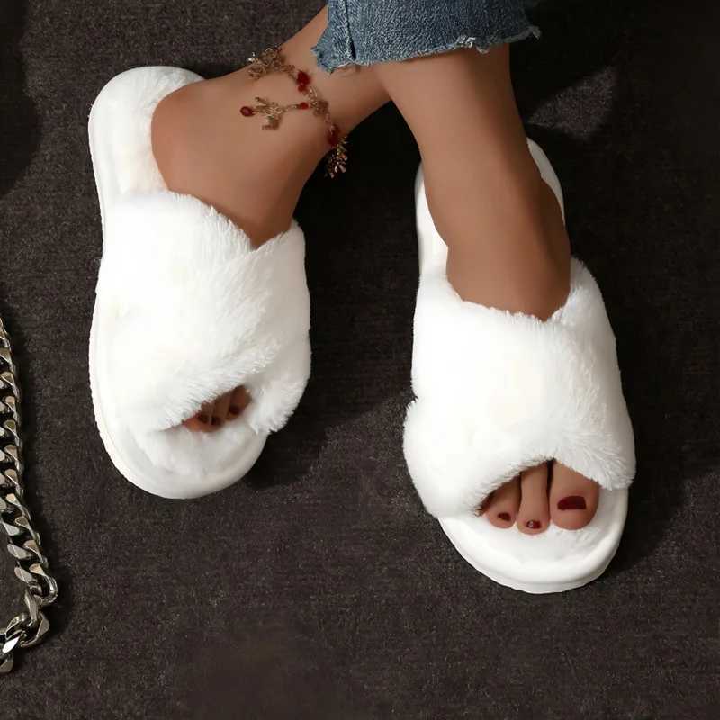 Fi Cross Strap Fur Slippers Women Indoor Light Warm Plush Home Slippers Woman Faux Fur Flat Heel Couple Slides Plus Size 43XJ250207