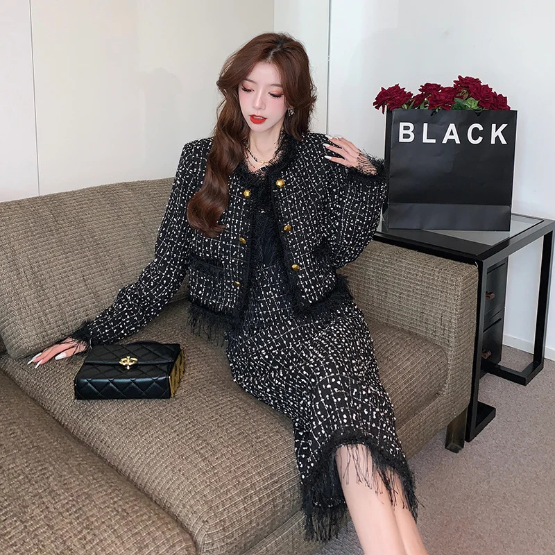 Fashion French Vintage Tweed Two Piece Set Outfits High Quality Chic Fringed Jacket Coat Bodycon Long Skirt Suits 240426