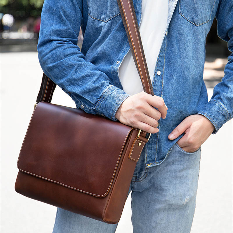 Luufan Genuine Leather Messenger For Man Vintage Crazy Horse leather Shoulder Cowhide Magnetic Flap Laptop Crossbody Bag