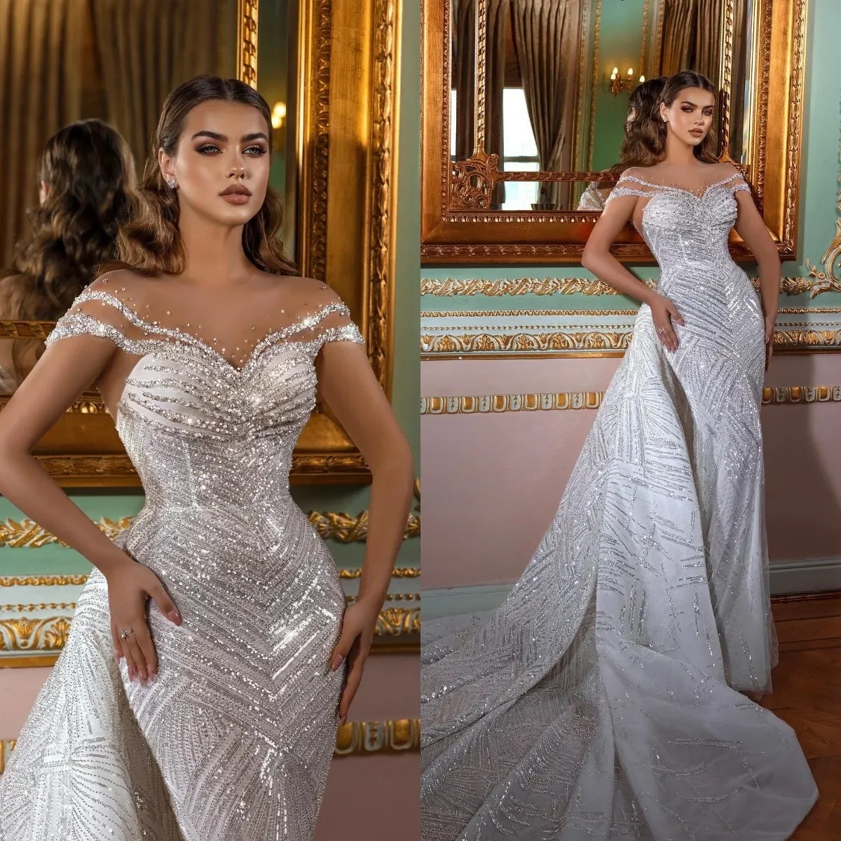 Sparkly Wedding Dresses Sequins Beading Gowns With Detachable Train Off Shoulder Rhie Bride Dress Vestidos De Novia 0219