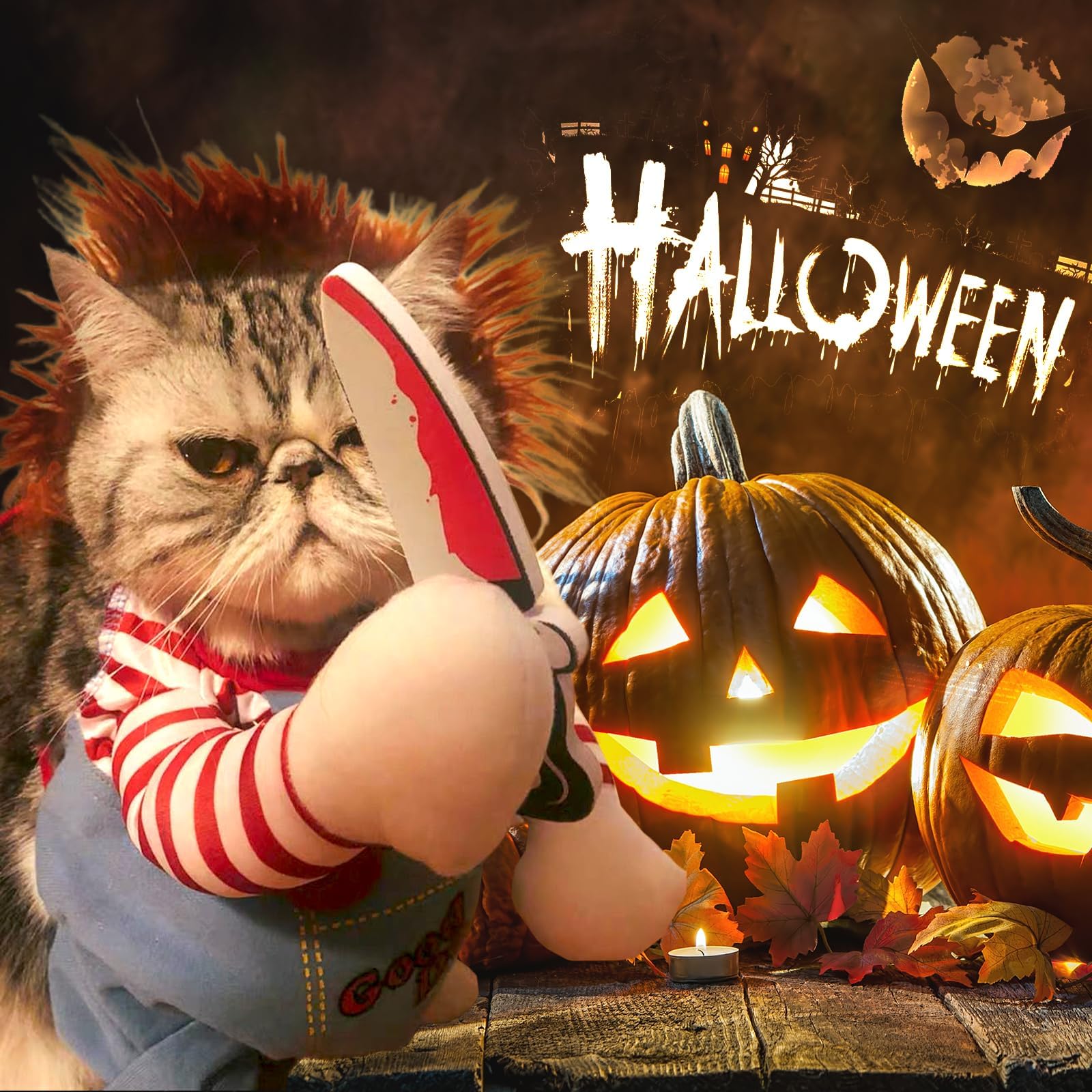 Pet Deadly Doll Costume, Novelty Halloween Christmas Funny Dog Cosplay Outfits Cute Clothes for Small Large Dogs Cats Party Dress Up Cool Puppy Costum