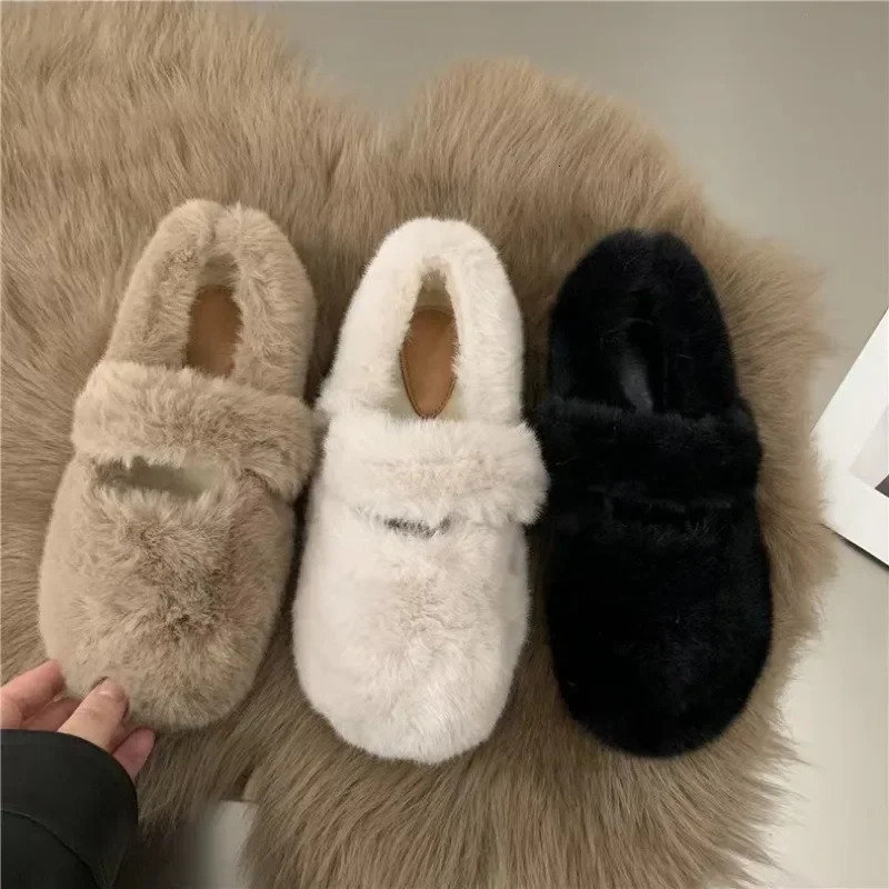 Fashion Womens Winter Fur Flat Shoes Women Warm Plush Mary Jane Casual Ballet Shoes Outdoor Round Toe Shallow Footwear 241127
