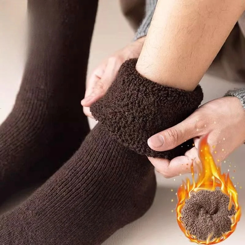 3 Pair Winter Thick Warm KneeHigh Mens Wool Socks Merino Calf Casual Cashmere Terry Fashion Stockings Men 241112