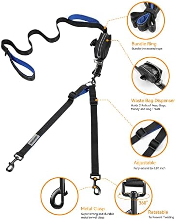 YOUTHINK Double Leash, No Tangle Walking Leash 2 Dogs up to 180lbs, Comfortable Adjustable Dual Padded Handles, Bonus Pet Waste Bag (Double Dog Leash)