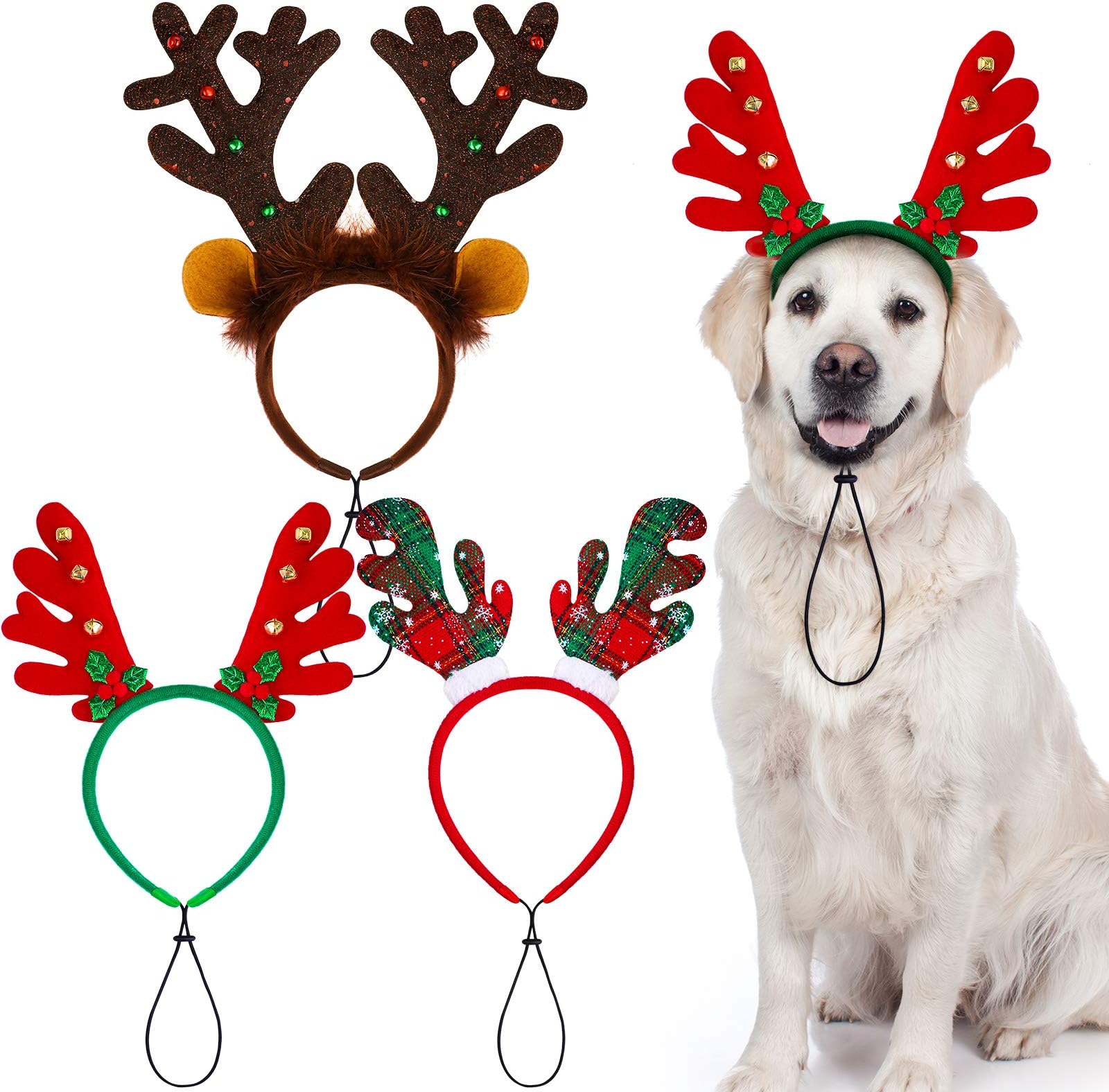 Aneco 3 Pack Christmas Reindeer Dog Headband Puppy Xmas Antlers Headwear Holiday Pet Costume Accessory