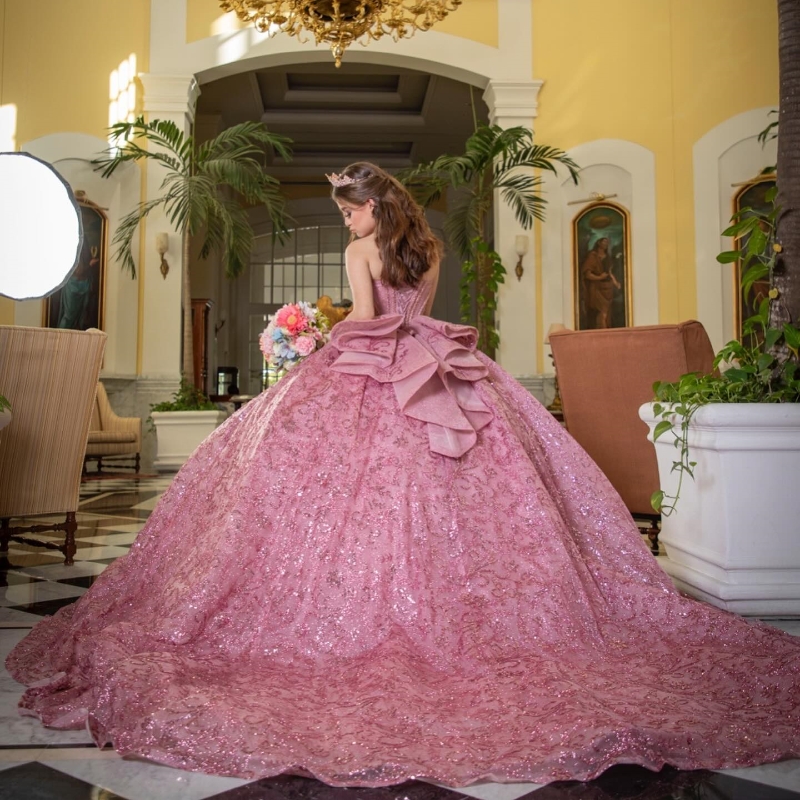 Pink Shiny Quinceanera Dresses 2025 Beading Crystal Tull Sweet 16 Birthday Party Gown Corset Vestidos De 15 Anos Miss Prom Pageant