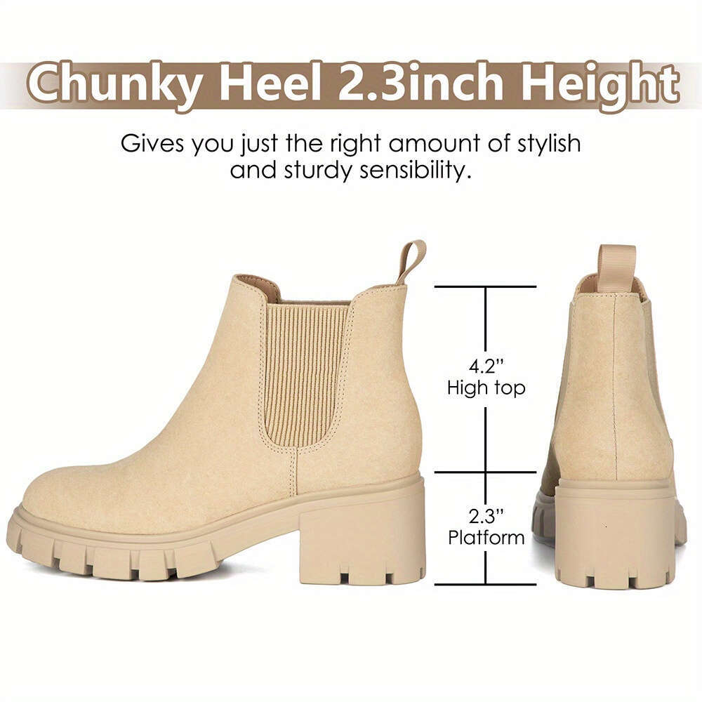 Women's fashionable soled high heels ankle boots, round toe casual elastic thick block heel boots
