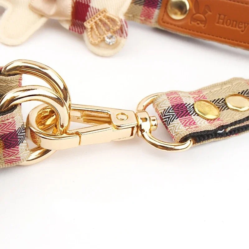 Designer Sets Classic Plaid Bow Teddy Collar Dog Walking Rope Chain For Small Medium Pet Harness Suit Leash Set S Free shipping
