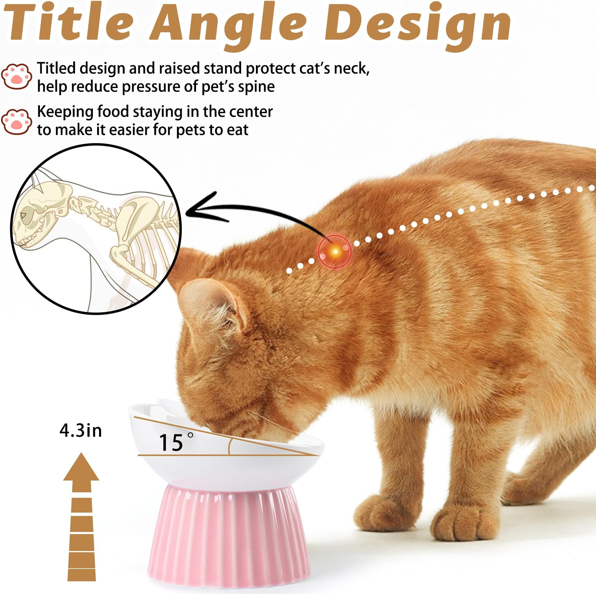 Wellbro Ceramic Raised Cat Bowl,Tilted Raised Cat Bowl Anti Vomit Cat Bowls for Indoor Cats Whisker Friendly Pet Feeder for Cats Puppies, Microwave an