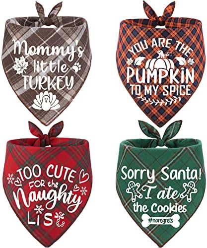 4 Pack Halloween Thanksgivng Christmas Bandanas - ic Fall Plaid Xmas Bandana Triangle Scarf Bibs Kerchief Gift Set Pet Holiday Accessories Decoration 