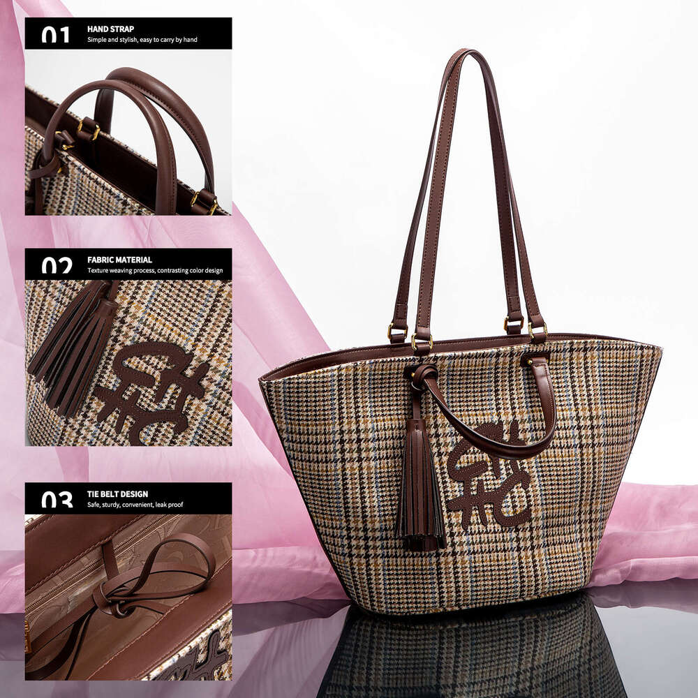 Classic Retro New Checkered Design Business Commuter Large Capacity Solid Color Women's Shoulder Bag
