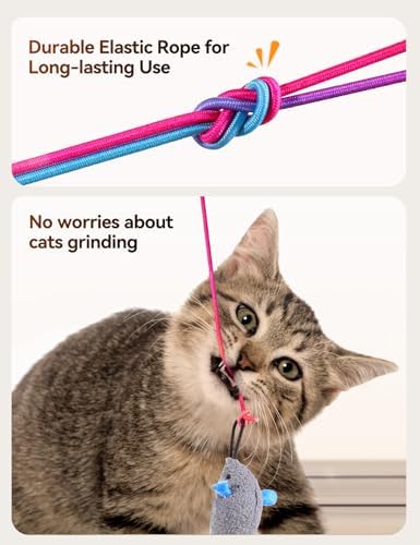 FEELNEEDY Interactive Cat Toys LED Light Hanging Cat Toys for Indoor Cats, Cat Wand Toy Cat Feather Toy, Feather & Mouse Cat Toys for Bored Adult Cats