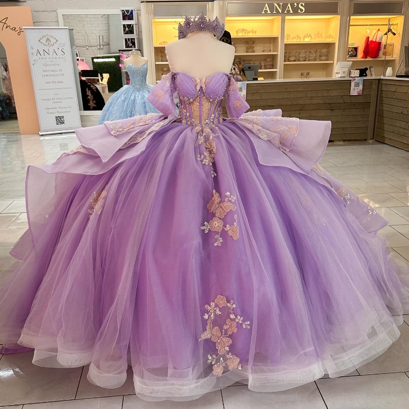 Sparkly Lilac Ball Gown Quinceanera Dress Applique Bow Beads Tull 2024 Sweetheart Birthday Party Sweet 16 Vestidos De 15 Anos