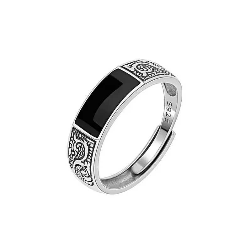 Tren Silver Sterling Silver Ring For Men Jewelry Black Rectangle Retro Dragon Pattern Ring Male Infex Finger Accories OpenXJ241127