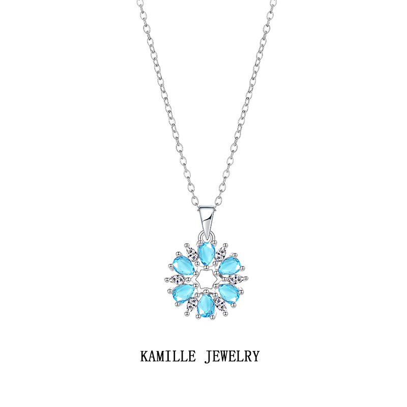 Chic Ladies' Sterling Silver-Tone Blue Crystal Snowflake Pendant Necklace Casual Workwear Accessory