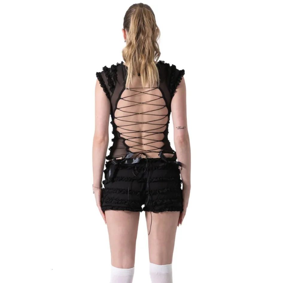 Sweet Spice Girl Wooden Ear Side Hollow Out Strappy Camisole Tank Top Women Summer Lace Pom Shorts 2 Piece 240423