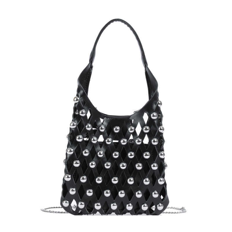 New Womens Bag with Hollowed Out Diamond Pattern Handbag Punk Style Round Rivet Tote Bags Trendy Crossbody Purses 241127