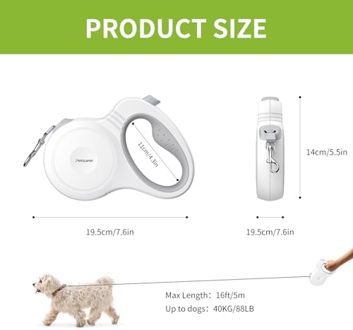 Petsuper Leash,16FT Dog Leash Retractable for Dogs up to 88lbs,360 No Tangle,One-Handed Brake,Big Grip,White