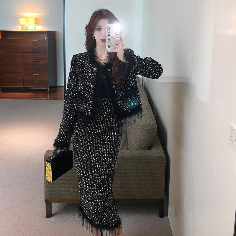 Fashion French Vintage Tweed Two Piece Set Outfits High Quality Chic Fringed Jacket Coat Bodycon Long Skirt Suits 240426