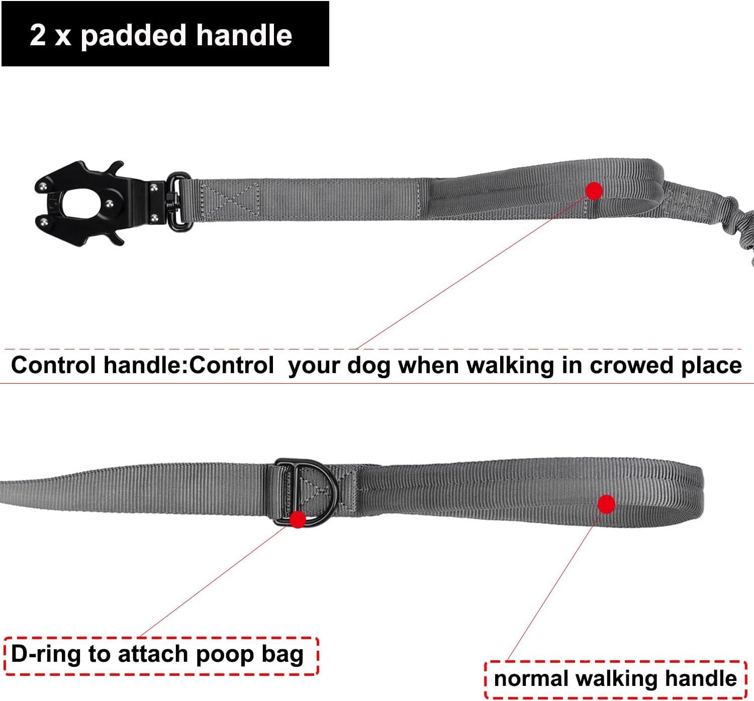 ICEFANG Tactical Dog Leash,K9 Training Walking Bungee Lead with 2 Control Handle,Heavy Duty Quick Release Metal Clasp,Hands Free D-Ring for Medium Lar