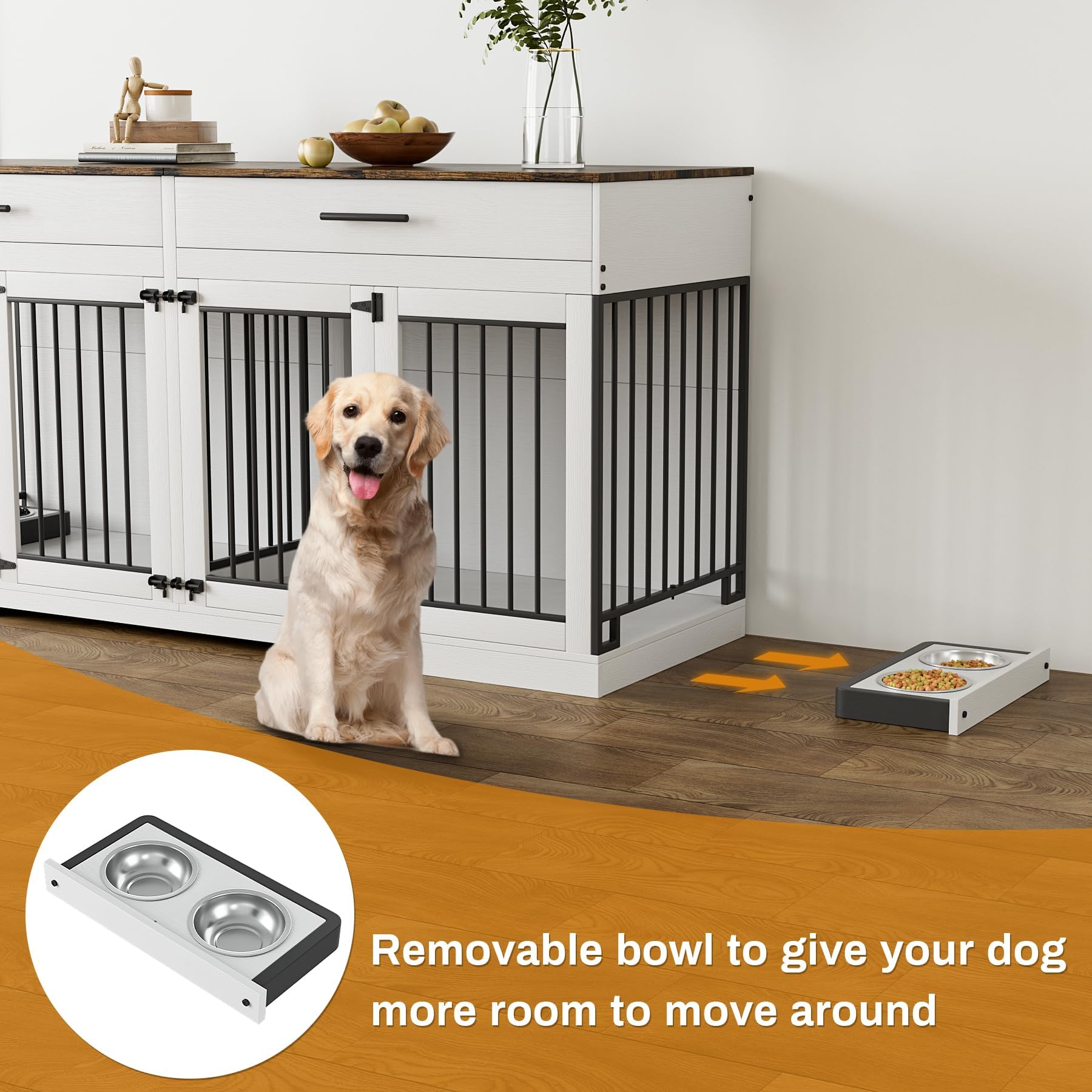 OUYESSIR Dog Crate Furniture, 72.05 Inch Wooden Large Dog Kennel with 2 Drawers & Dog Bowls, Dog House with Double Doorss & Divider, Heavy Dut
