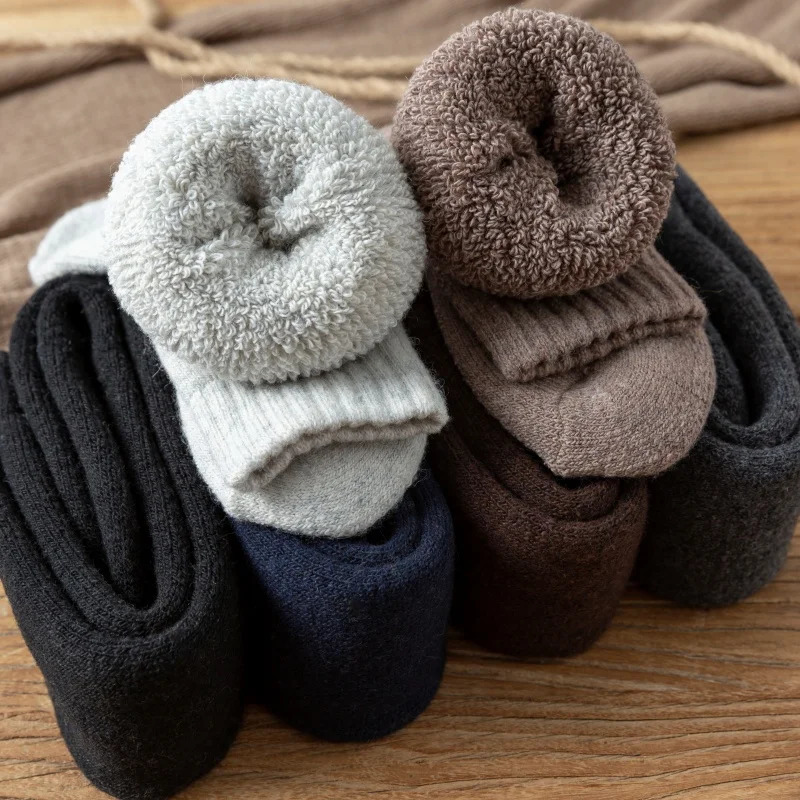 3 Pair Winter Thick Warm KneeHigh Mens Wool Socks Merino Calf Casual Cashmere Terry Fashion Stockings Men 241112