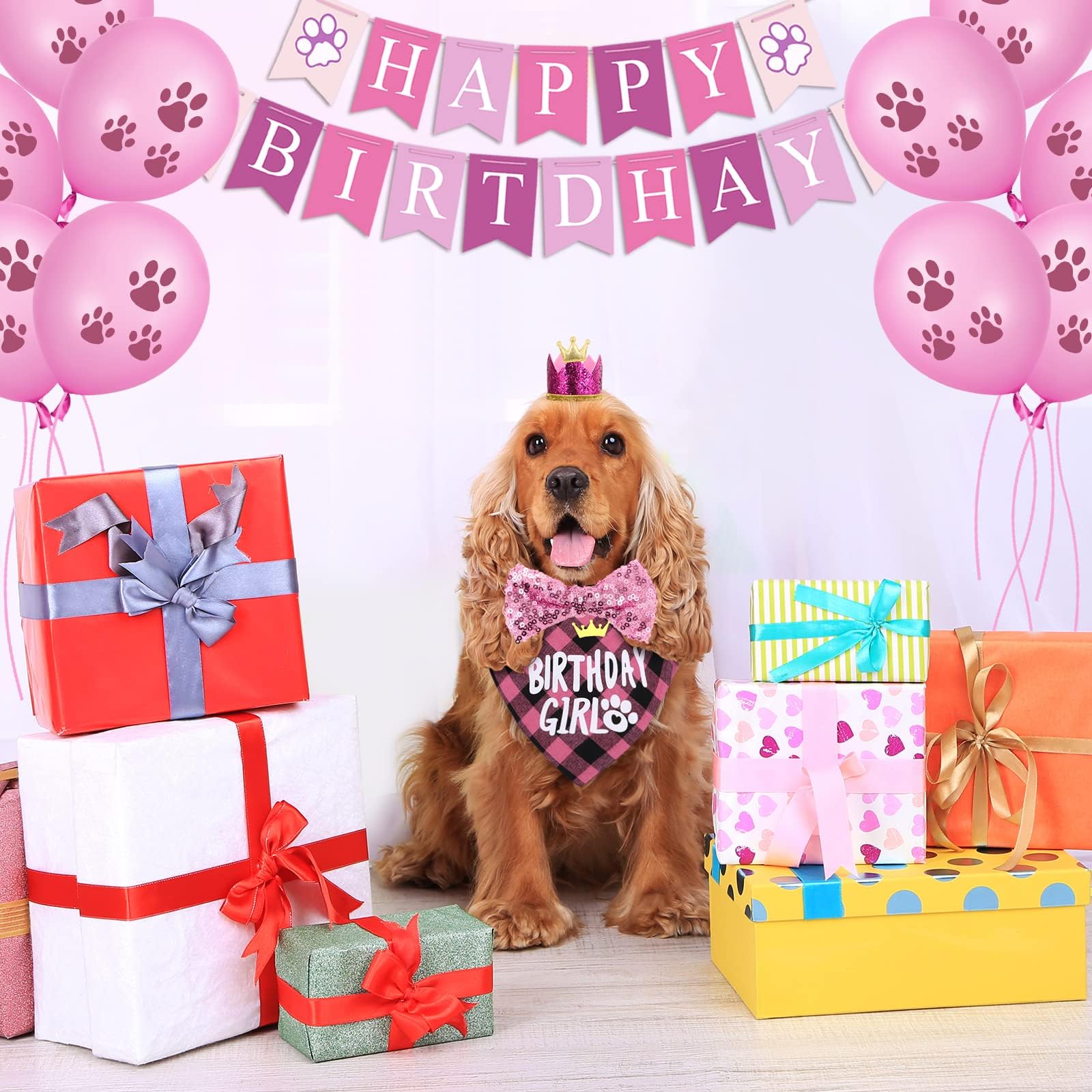 Selemoy Supplies, Hat Bandana Scarf with Cute Dog Bow Tie, Flag, Balloons for Small Medium Dogs Pets, Doggie Birthday Party Supplies Decorations