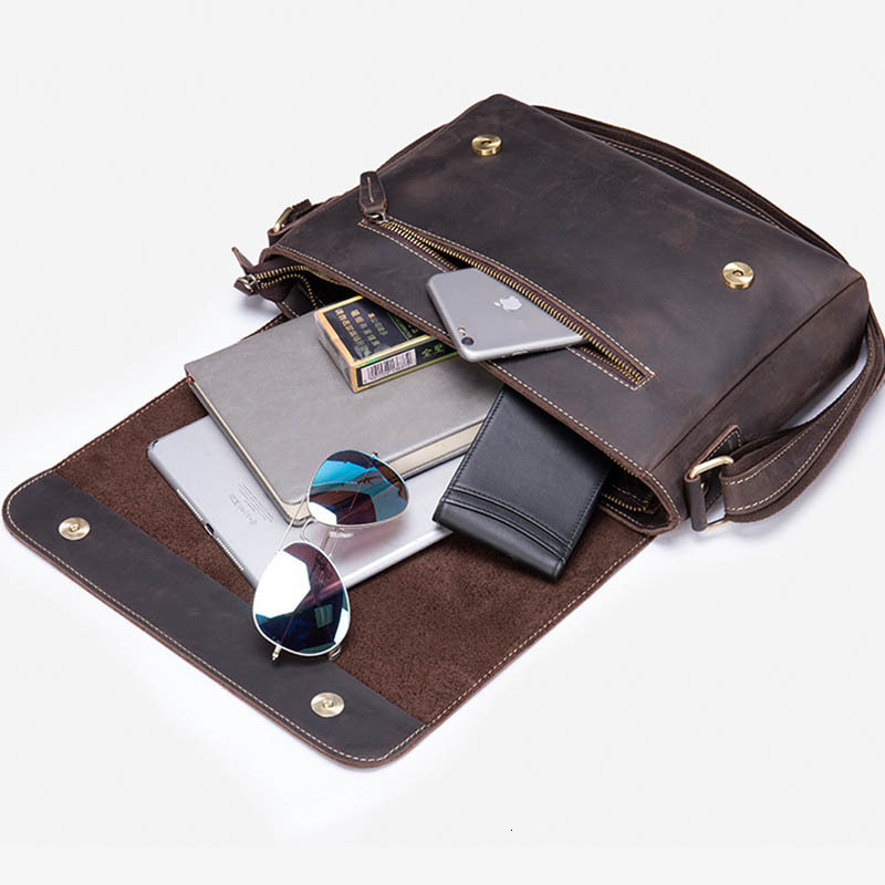 Luufan Genuine Leather Messenger For Man Vintage Crazy Horse leather Shoulder Cowhide Magnetic Flap Laptop Crossbody Bag